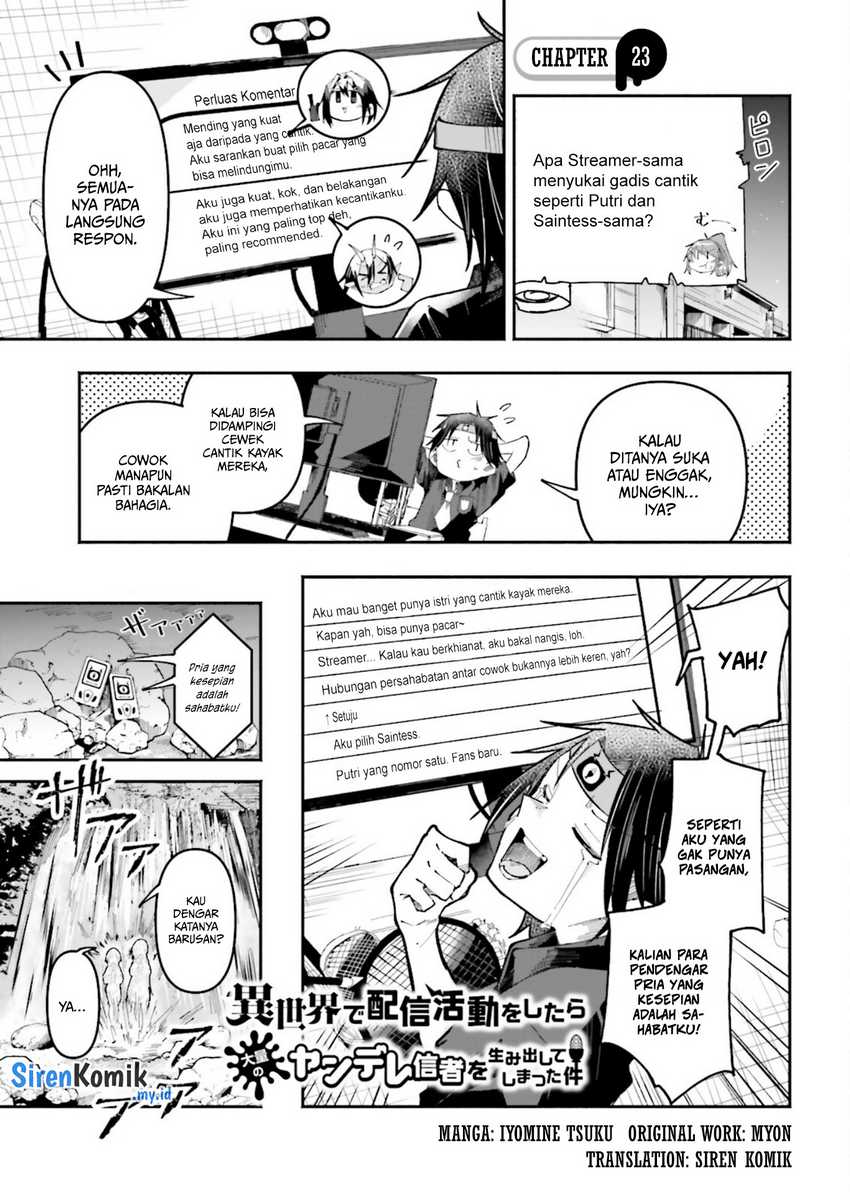 Baca Manga Isekai de Haishin Katsudou wo Shitara Tairyou no Yandere Shinja wo Umidashite Shimatta Ken Chapter 23 Gambar 2